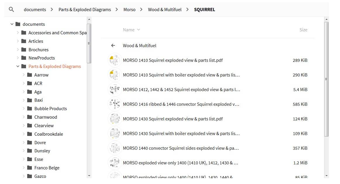 Harworth Stove Spares list